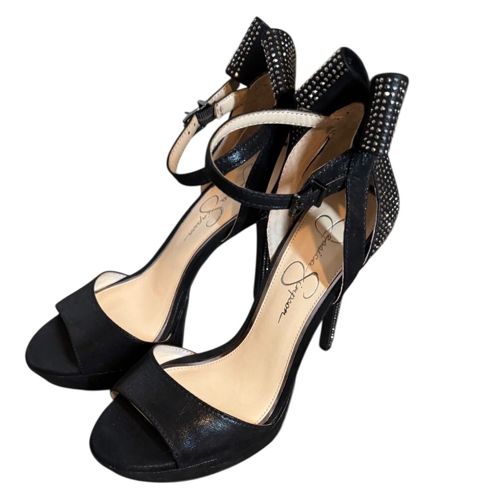 Jessica Simpson Black Bow Back Ankle Strap Stiletto Heels 8 Studded